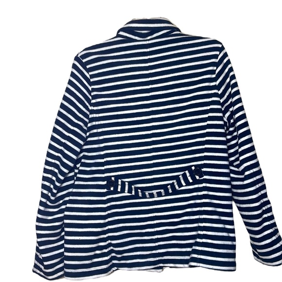 Lands End Navy White Striped Double Breasted Fleece Jacket - Picture 2 of 12